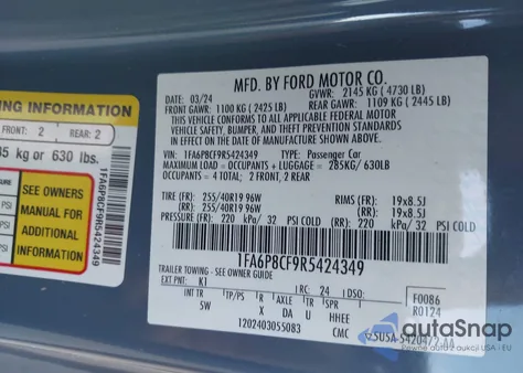 2024 Ford Mustang Gt Premium Fastback из США, поврежденный, VIN 1FA6P8CF9R5424349